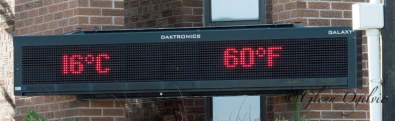 The digital thermometer at New Horizons Community Church on Russell Street registers the temperature shortly before noon on Wednesday, Feb 3. A new official record was set that day of 14.8 C.  