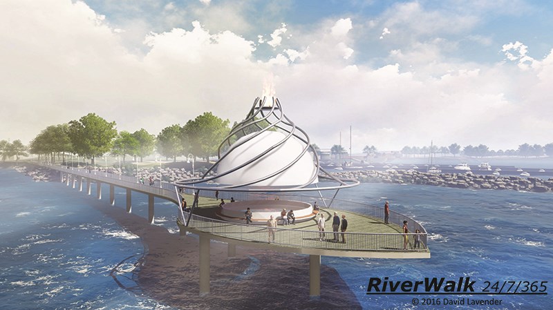 Conceptual drawings for RiverWalk 24/7/365, envisioned as a Canada 150th project for the Pointlands at Centennial Park.