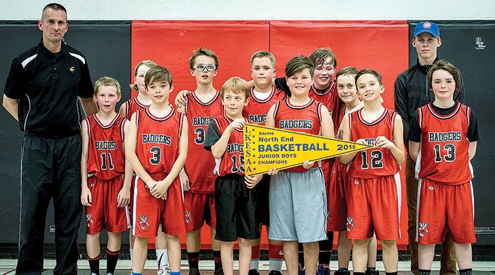 The Bridgeview Badgers were named 2016 LKESSA Junior Boys North End Basketball Champions after defeating Cathcart 28-26 in the final, recently. Pictured are: (front now, from left) Brendan Barill, Thomas Guthrie, Nolan Waun, Ben Dargie, Owen Caley. Back row, from left: Coach C. Jones, Dylan O’Rae, Nolan Cadieux, Conor Jones, Kaden Holt, John Nace, Bradley Stover, Nolan Gladwish (coach). Missing are Riley Compagnion, Aiden Groves-Street. Submitted photo.