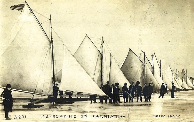 Ice boating on Sarnia Bay was a popular pasttime during the first half of the 20th century. Though it has died out locally, a number of ice yachting clubs continue to operating in parts of Canada and the northern U.S. Dave Burwell Collection, Sarnia Historical Society