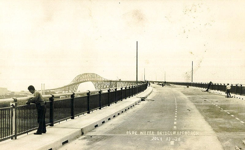 This image of the Blue Water Bridge under construction was captured on July 13, 1938, just four days after the centre span was completed. Following three days of public dedication ceremonies, the bridge opened to regular traffic on Oct. 10, 1938. Dave Burwell Collection, Sarnia Historical Society