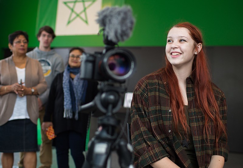 Jayden Kipling, a Grade 12 Northern Collegiate student, conducts a practice interview during a SWIFF documentary filmmsking workshop at the Judith and Norman Alix Art Gallery on Nov. 4. Troy Shantz