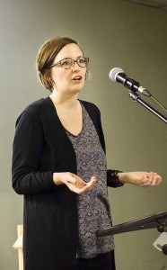 Kassie Maxwell, a mental health promotion specialist with the Canadian Mental Health Association, addresses a Green Drinks forum on March 8. Troy Shantz