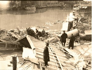 Rescuers pick through what's left of the Omar D. Conger, a passenger ferry that exploded on the Black River in Port Huron in 1922. Photo courtesy, John Rochon collection