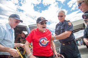 Second World War veteran John Percival exits Sentimental Journey after a brief flight over the city on June 19. Percival has been flying planes since the 1950s, but had never flown in a B17 before. “That was something that I’ll always remember,” he said. Troy Shantz