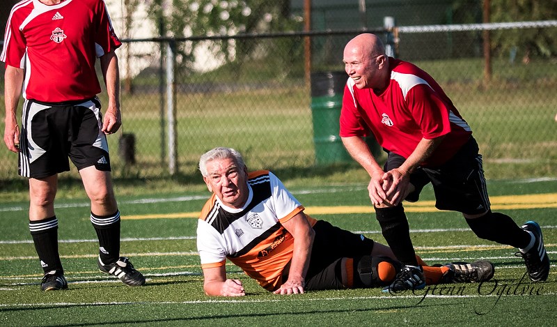 Barry Goodwin was allowed two penalty kicks after being taken to the ground by Reg Veas, a 63-year-old player from Tomlinson F.C team, who now takes over as the the league's oldest player.  Glenn Ogilvie