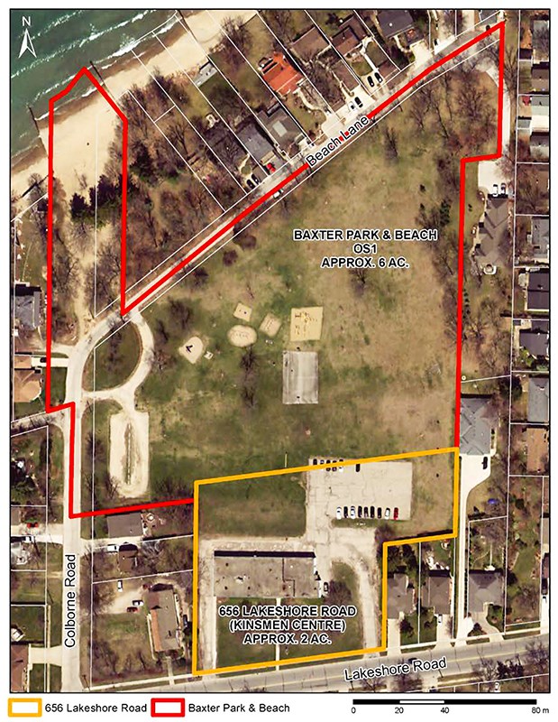 Neighbours have lost a fight to keep the Kinsmen Centre lands, outlined in yellow, in public hands. City of Sarnia graphic