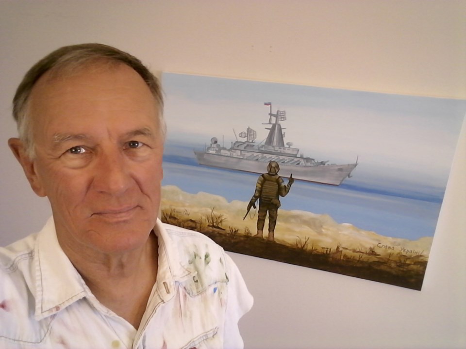 Stephen Bright, and his painting entitled Russian Warship.Submitted Image