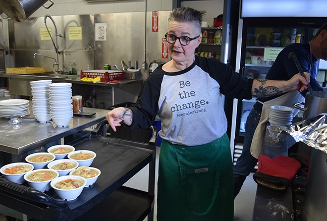 Coun. Chrissy McRoberts serving up turkey dumplings. (Cathy Dobson photo)
