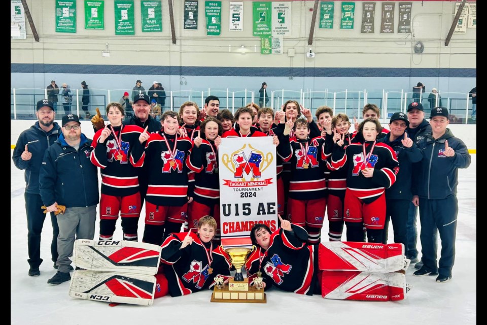 The Mooretown Jr. Flags U15 AE team won gold at the Stanley Taggart Memorial Tournament over the weekend. Pictured are (back row, from left): Dustin McEvoy (Coach), Marty Passmore (Coach), Jett Vanderslagt, Liam McEvoy, Nolan Rodrigues, Tanin Degurse, Colton Eede, Brady Wellington, Bret Whitmarsh, Ryder Rivest, Derek McKinlay (Coach). Middle row (from left): Jason Mclean (Coach), Owen Passmore, Camden Campbell, Kale Melville, Evan LeBlanc, Josh Carpenter, Nolan McKinlay, Cohen Melville, Shannon LeBlanc (Coach), Andrew Melville (Trainer). Front row (from left): Nash Hagan, Tucker Mclean.

