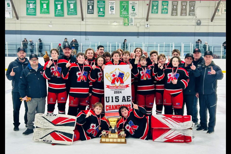 The Mooretown Jr. Flags U15 AE team won gold at the Stanley Taggart Memorial Tournament over the weekend. Pictured are (back row, from left): Dustin McEvoy (Coach), Marty Passmore (Coach), Jett Vanderslagt, Liam McEvoy, Nolan Rodrigues, Tanin Degurse, Colton Eede, Brady Wellington, Bret Whitmarsh, Ryder Rivest, Derek McKinlay (Coach). Middle row (from left): Jason Mclean (Coach), Owen Passmore, Camden Campbell, Kale Melville, Evan LeBlanc, Josh Carpenter, Nolan McKinlay, Cohen Melville, Shannon LeBlanc (Coach), Andrew Melville (Trainer). Front row (from left): Nash Hagan, Tucker Mclean.
