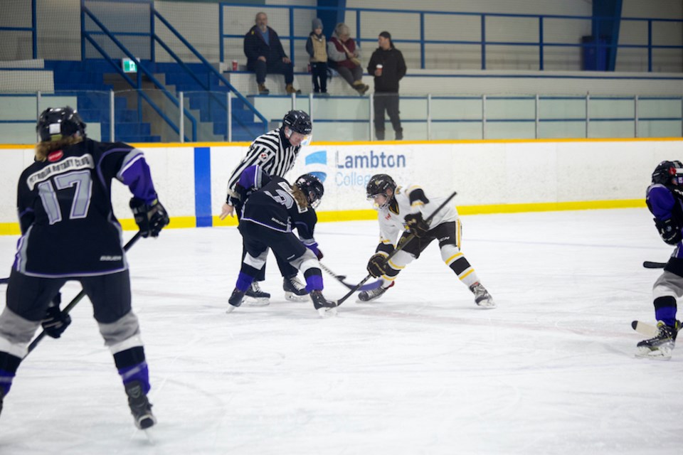 The Sarnia Jr. Lady Sting faced off against the Lambton Attack in the U13 B semi-finals at the International Silver Stick tournament over the weekend. Lambton took the 1-0 win.