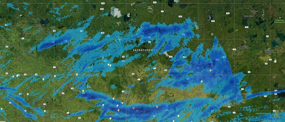 A weather model showing the system responsible for rain, strong wind, and hail in northern parts of Saskatchewan.