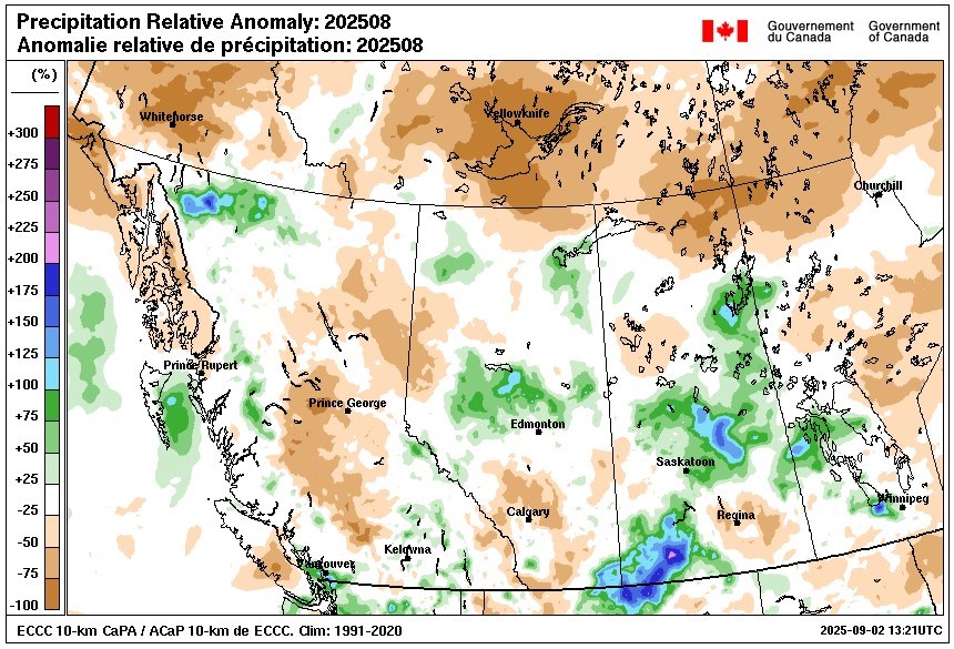 Precipitation map covering western Canada for August 2025