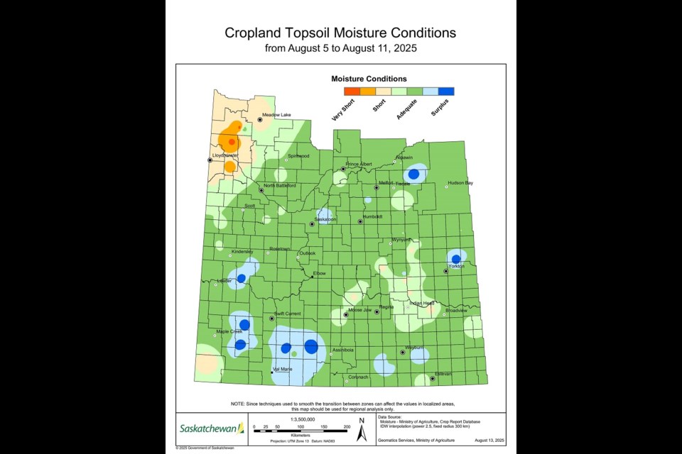 Weekly crop land topsoil moisture between August 5-11, 2025.
