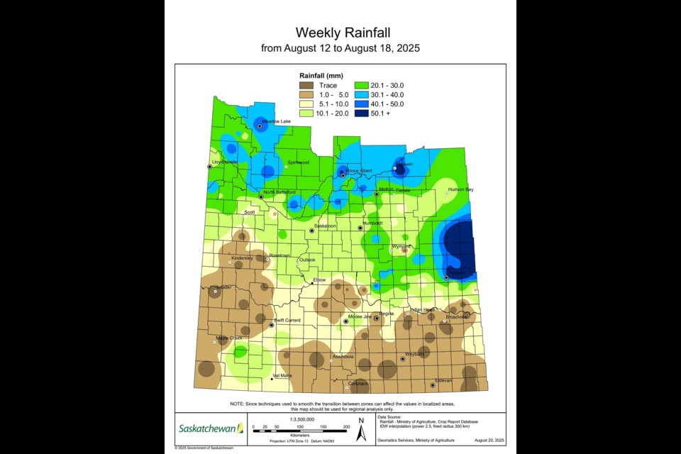 Weekly rainfall map across the province for the crop reporting week of August 12-18, 2025.