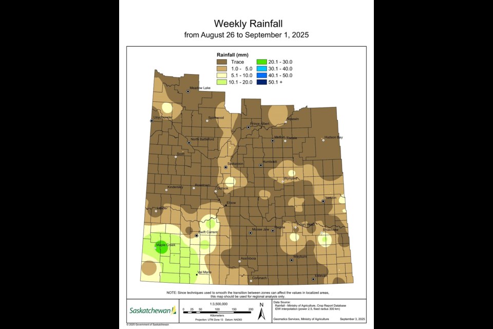 Weekly rainfall map for the reporting period of August 26-September 1, 2025.