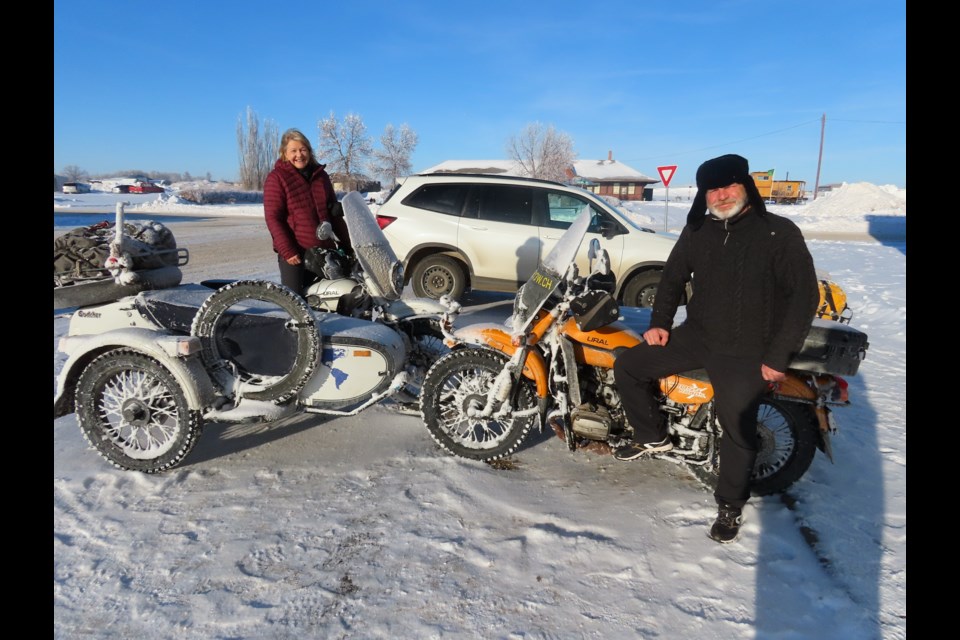 Magali and Robby, posing on their Ural Ranger bikes that were built in Siberia, have been loving their time in Canada, enjoying new friendships and the wide open countryside.