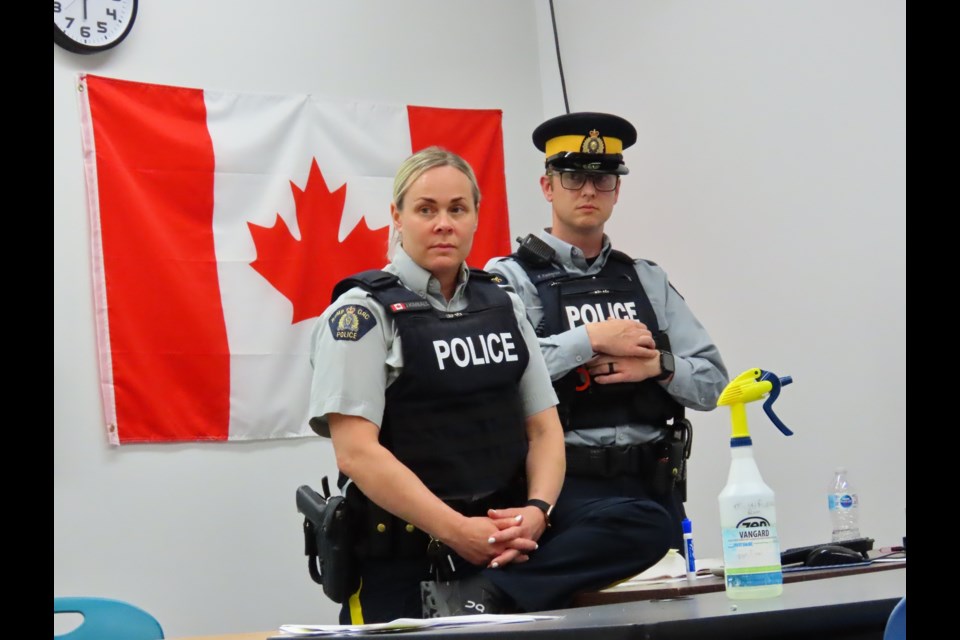 Constables Jesse Kimball and Fraser Cameron of the Outlook RCMP were on hand to talk with teachers and parents about the new bylaw.