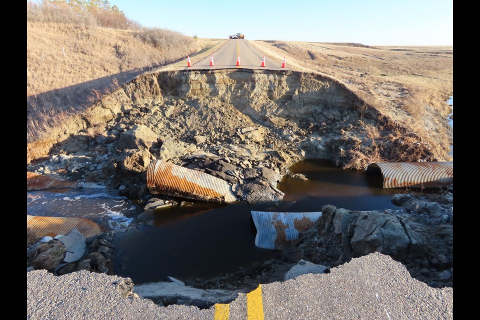The colossal missing portion of Highway 19, located south of the village of Elbow. Photo by Derek Ruttle/The Outlook