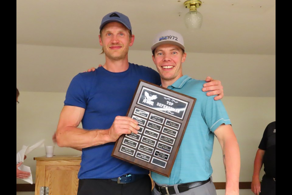 The two Logans, sharing the award for Top Defenseman: Logan Stephenson and Logan Pyett.