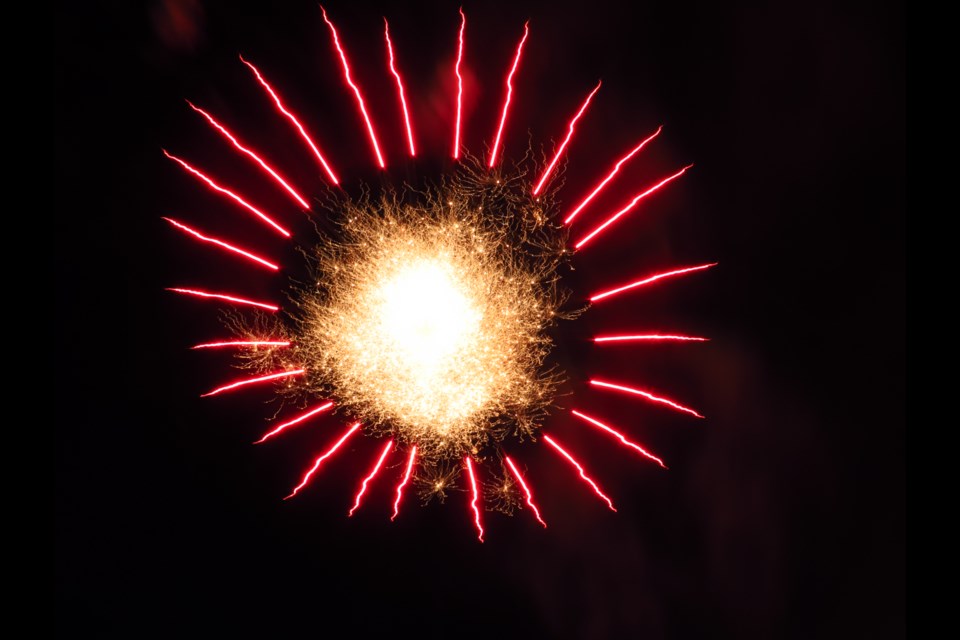 Pyrotechnics lit up the prairie sky in the village of Elbow.