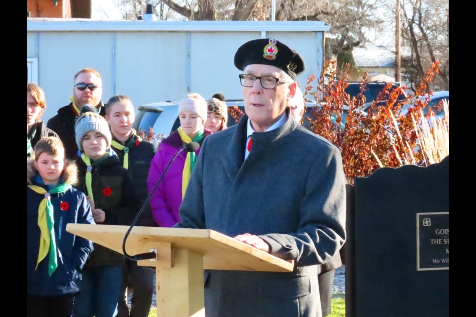 Legion Branch #262 President John McPhail leads the Outlook Remembrance Day ceremony. Photo: Derek Ruttle/The Outlook