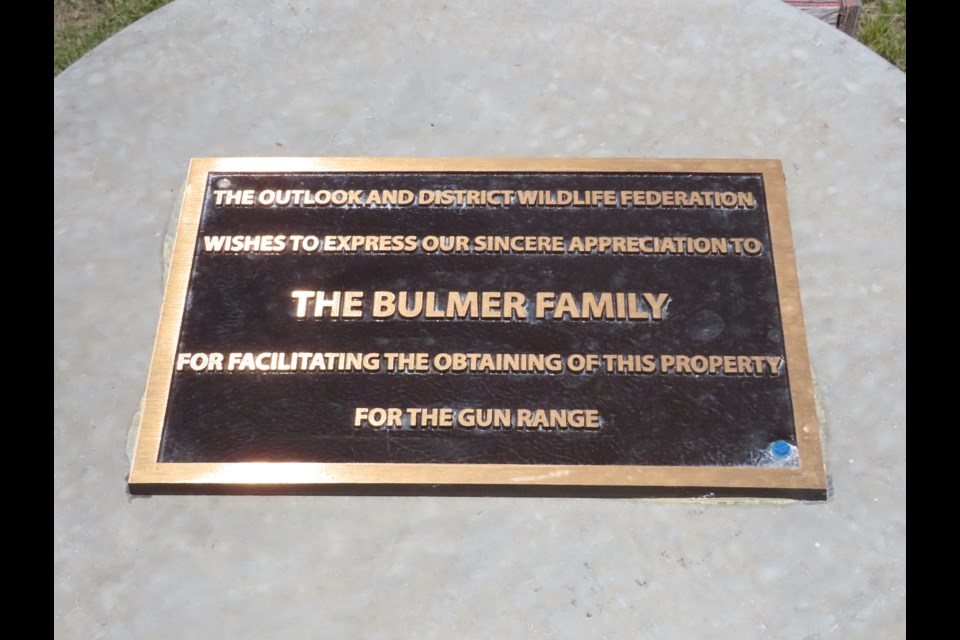 This newly-installed plaque recognizes the efforts of the Bulmer family for helping to establish the OWF's gun range location. Photo by Derek Ruttle.