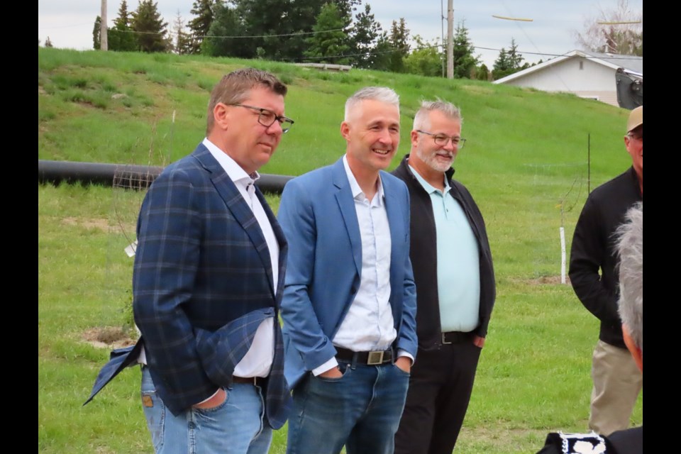 Premier Scott Moe, MLA Dana Skoropad, and incoming MLA Barret Kropf. Photo by Derek Ruttle