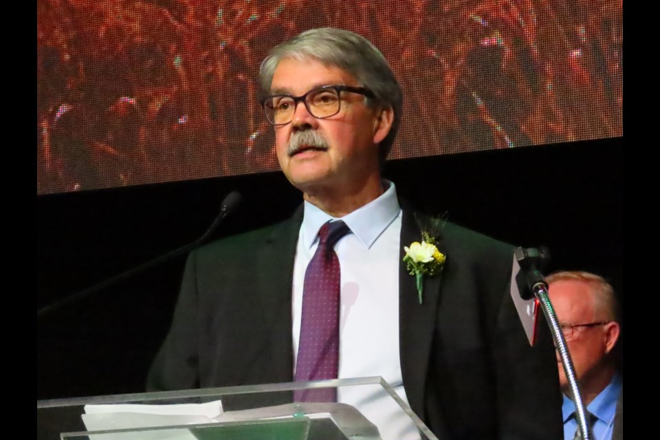 In his remarks, Tollefson touched on his career and the potential for irrigation in the Lake Diefenbaker region. Photo: Derek Ruttle/The Outlook.