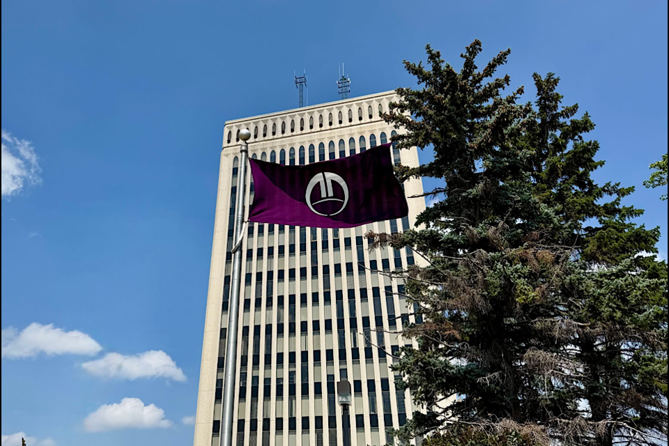 The Fujioka flag flies outside Regina City Hall.