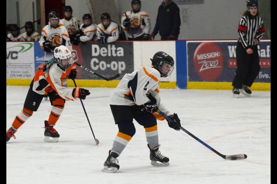 Emersyn Brown brings the puck up the ice for the U13 Western Prairie Wildcats in a regular league game against the Prince Albert Foxes, in Unity Feb. 18. The Wildcats started their A provincials Feb. 25 with Macklin hosting the game and the Wildcats beating Warman 3-1.