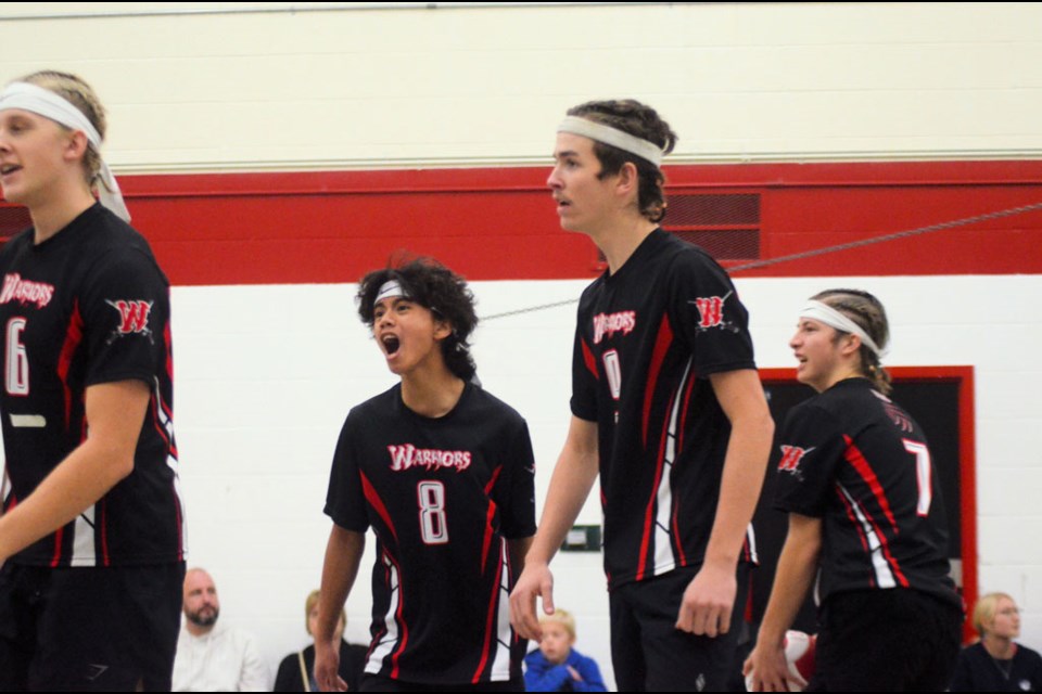 Ethan Stifter, John Virtudez, Nash Sperle and Zayden Wagner cheer after making a point during their provincial quarter-final.