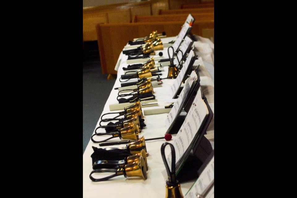 Handbells and music await the arrival of the choir.