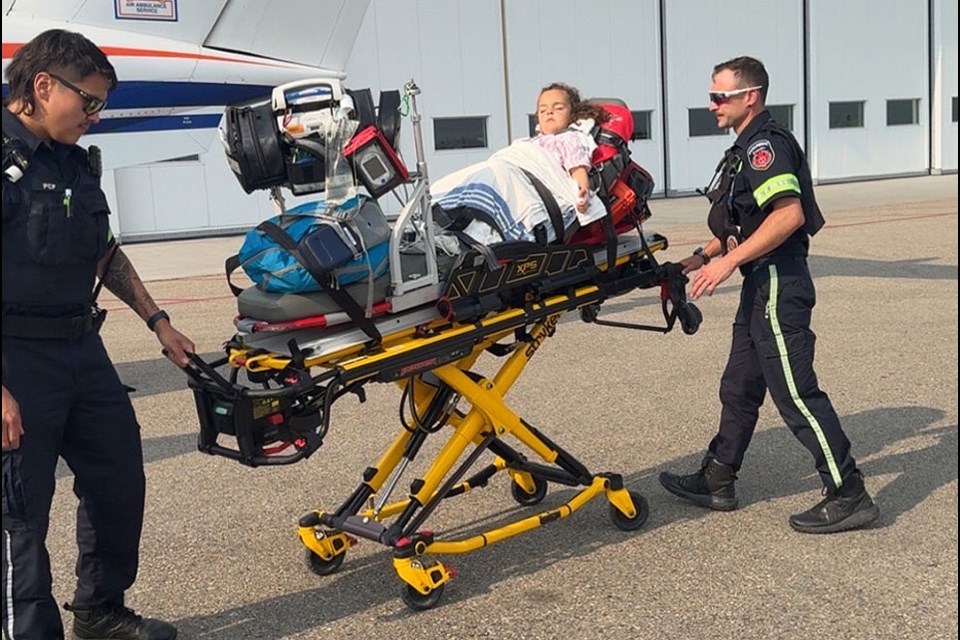 Everly Brownlee is airlifted to Saskatoon from Regina for more tests before being diagnosed with bacterial meningitis. Photo contributed. 