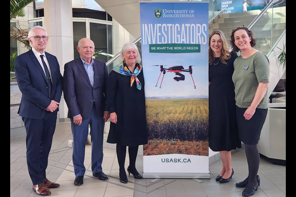 University of Saskatchewan President Peter Stoicheff, from left, with Scott McCreath and his wife U of S Chancellor Grit McCreath, BMO Private Wealth Canada Regional President Dr. June Zimmer (Ph.D.) and U of S College of Agriculture and Bioresource Dean Dr. Angela Bedard-Haugh (Ph.D.).