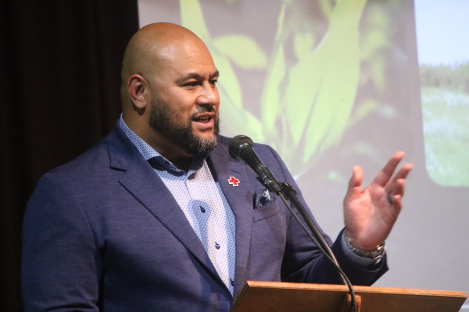 Luc Mullinder, a nine-year veteran of the Saskatchewan Roughriders and vice-president of the Canadian Red Cross, spoke about the importance of leadership, especially in the farming community.