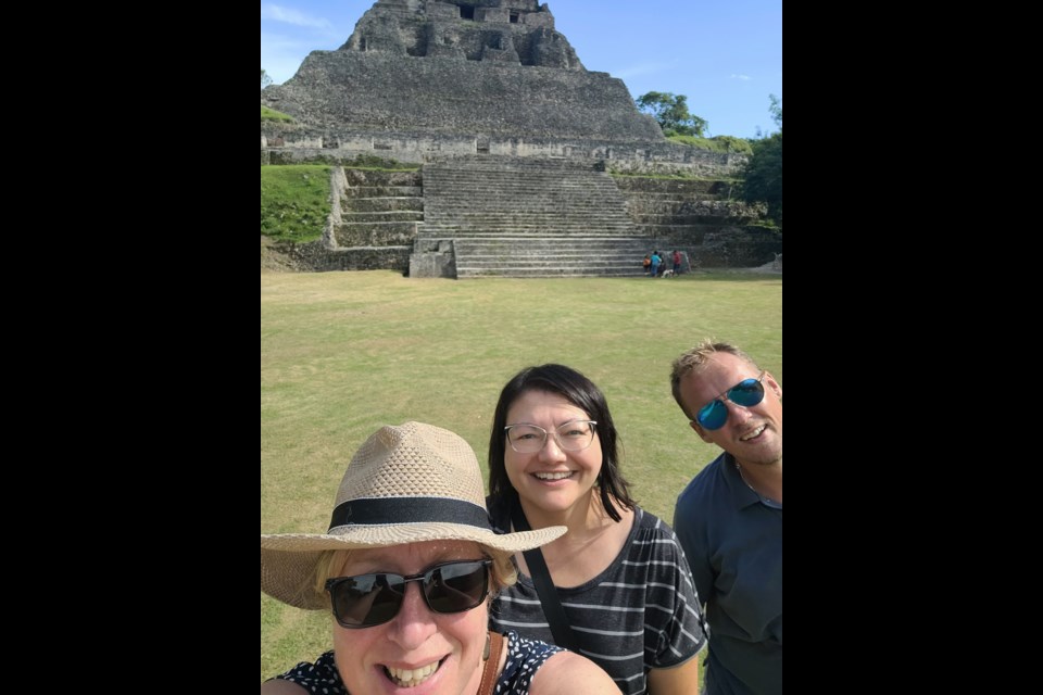 Gwen Machnee, left, of Canora, along with her colleagues Kami Depape and Ben Swanson of Parkland College, paused for a photo at the Xunantunich Temple site in Belize after a steep climb up the river bank.
