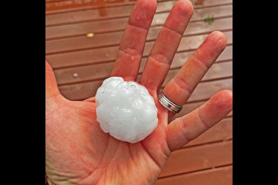 Weyburn area farmer Dan Cugnet held a large hailstone in his hand at his farm on Sunday evening.