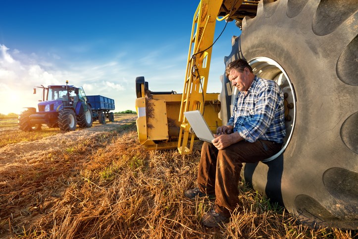 farmer counting yield on laptop