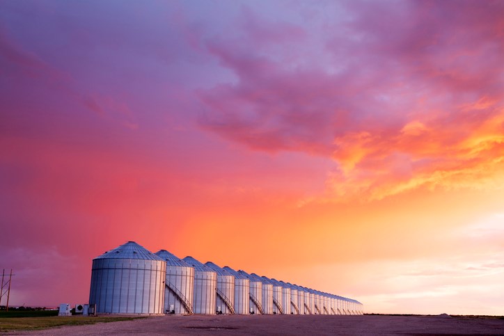 grain bins sunset