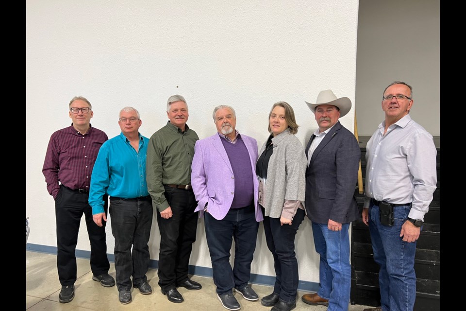 Guest speakers attended the 20th anniversary of the Moose Mountain Ag Day Celebration were, from left, Ministry of Agriculture representative Ken Evens, Lyle McLaren, chairman Mark Newman, guest speaker Paul Martin, research manager from Redvers Lana Shaw, Cannington MLA Daryl Harrison, and David Pattyson from the Water Security Agency. Photo by Stephanie Zoer  