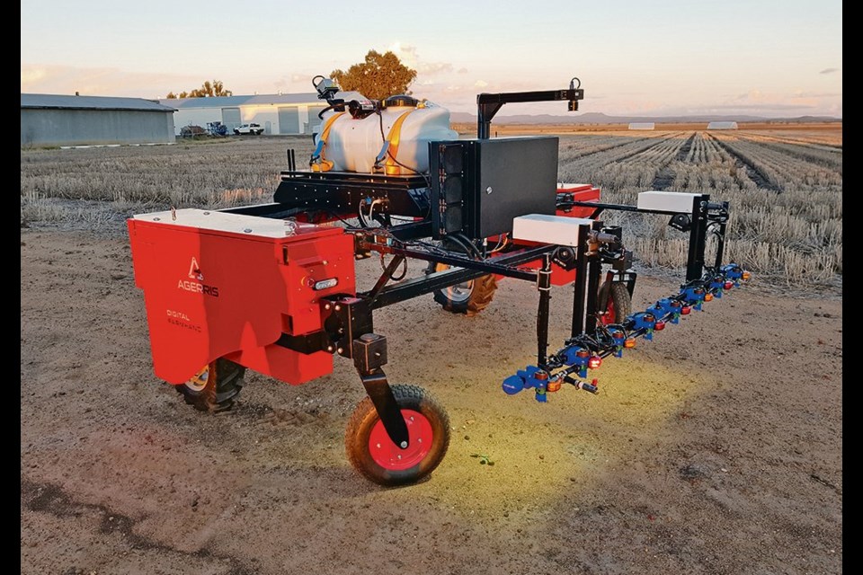 The Agerris Digital Farmhand is an autonomous field platform that uses the OpenWeedLocator to find green on brown and take them down. The robot performs two-meter wide spot spraying at the University of Sydney Plant Breeding Institute in Narrabri, NSW, Australia
