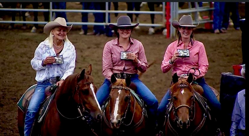 From left, former Estevan resident Wendy Wenaas, Jen Fleming and Hope Elkins won the 2023 Calgary Stampede 14 class team cattle penning. 