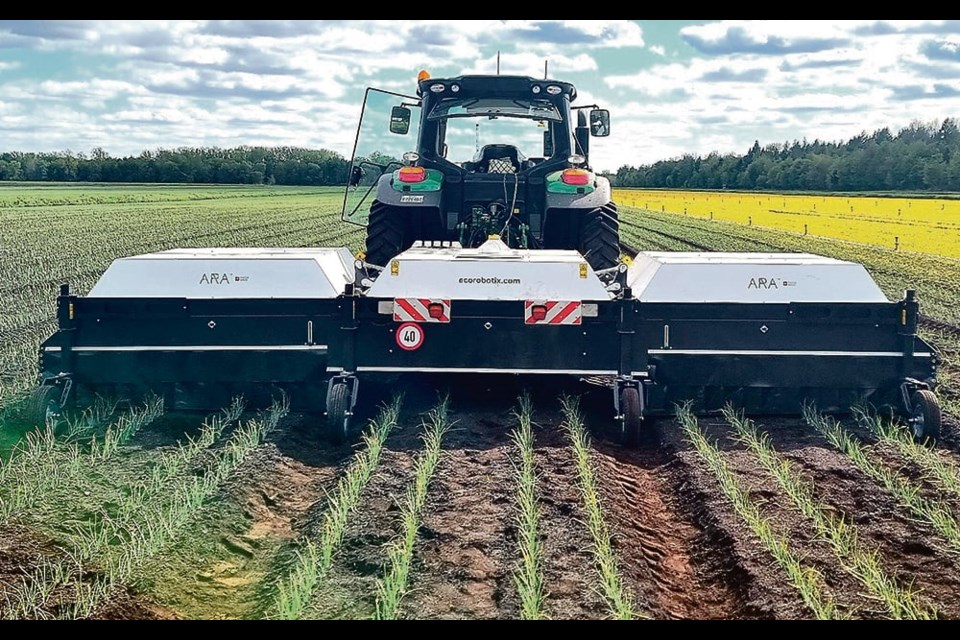 The Ecorobotix ARA sprayer requires a tank mounted on the front of the tractor. The company said individualized plant-by-plant precision spraying can significantly cut applied chemical volumes. 