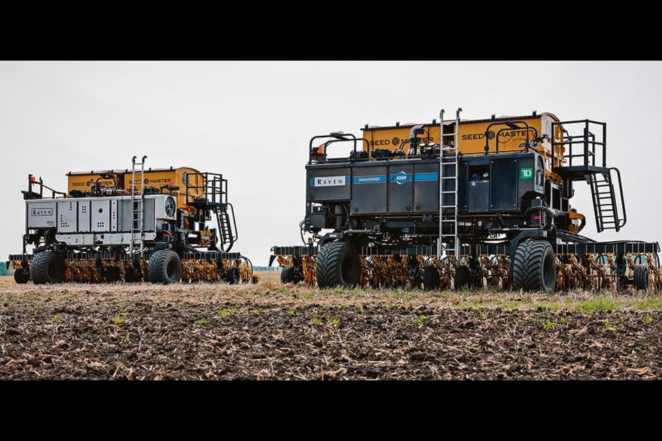 Olds College has two Omnipowers for comparative trials in 2023. The Omnipower on the left is the updated three year old model and the unit on the right is the new 3200. All Omnipower units are compatible with the Augmenta real time variable rate control system. Once CNHi and Raven are confident in their autonomous systems, they will be applied to their tractor platforms