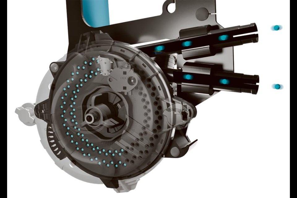 The XP Duo meter, which will be available on the 3820 Paralink air planter, can supply singulated seed to two separate row units, cutting the number of required meters by half. 