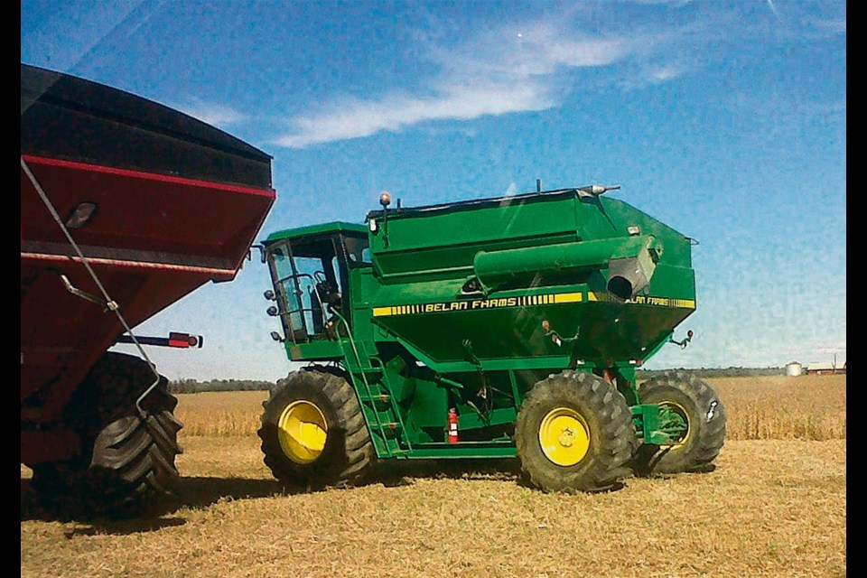 An 8820 John Deere combine blended with a Brent grain cart was a winter project on the Belan farm in southern Ontario. 