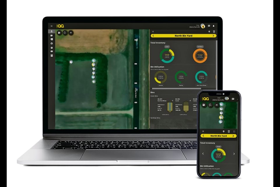 The bin inventory system built by Adaptive Agriculture uses Google Maps so that users can zoom into their farmyard to select and name their bins. Once they input the type of bin and aeration fan and connect the bin’s sensors, they can use the web portal to monitor their stored grain. 