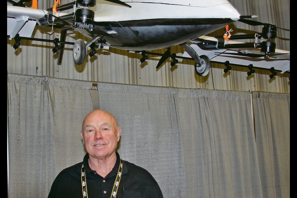 Don Campbell had his ROGA U7AG drone suspended from the ceiling above his booth at Manitoba Ag Days. He said drone technology is mature, and the technology can already provide farmers a return on their investment. 